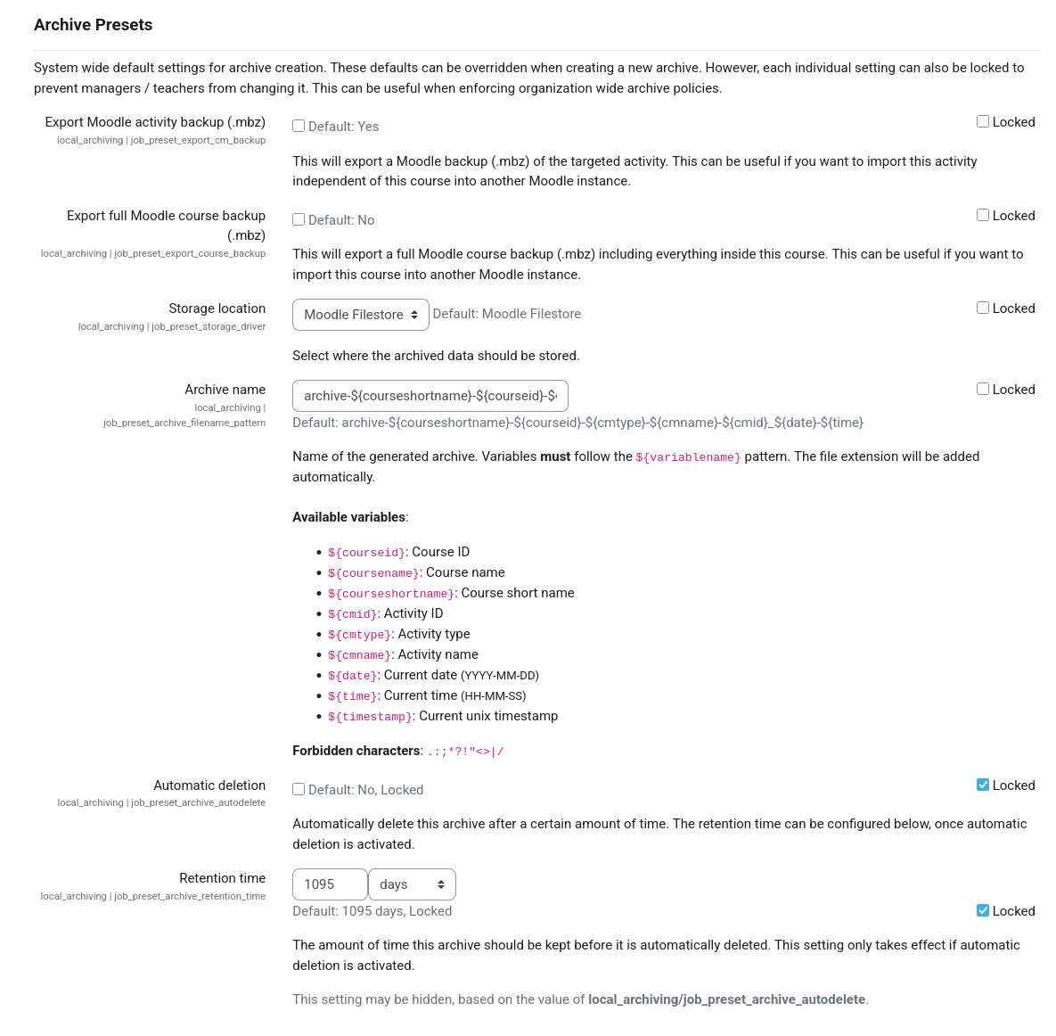 Plugin admin: Archive presets