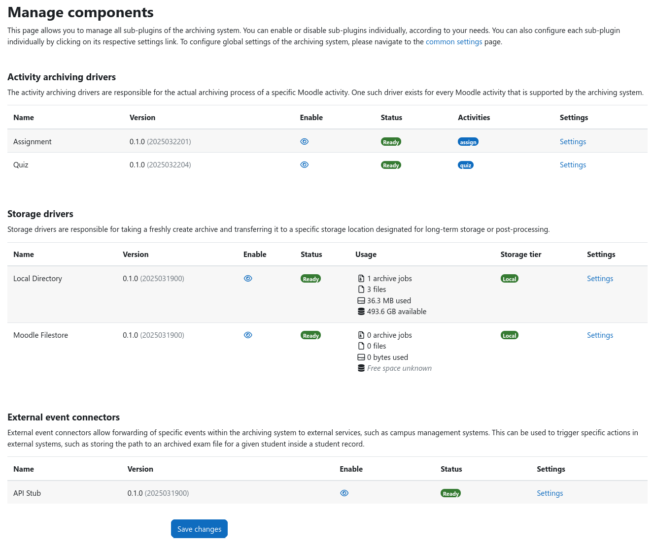 Screenshot of the admin components management interface of the plugin