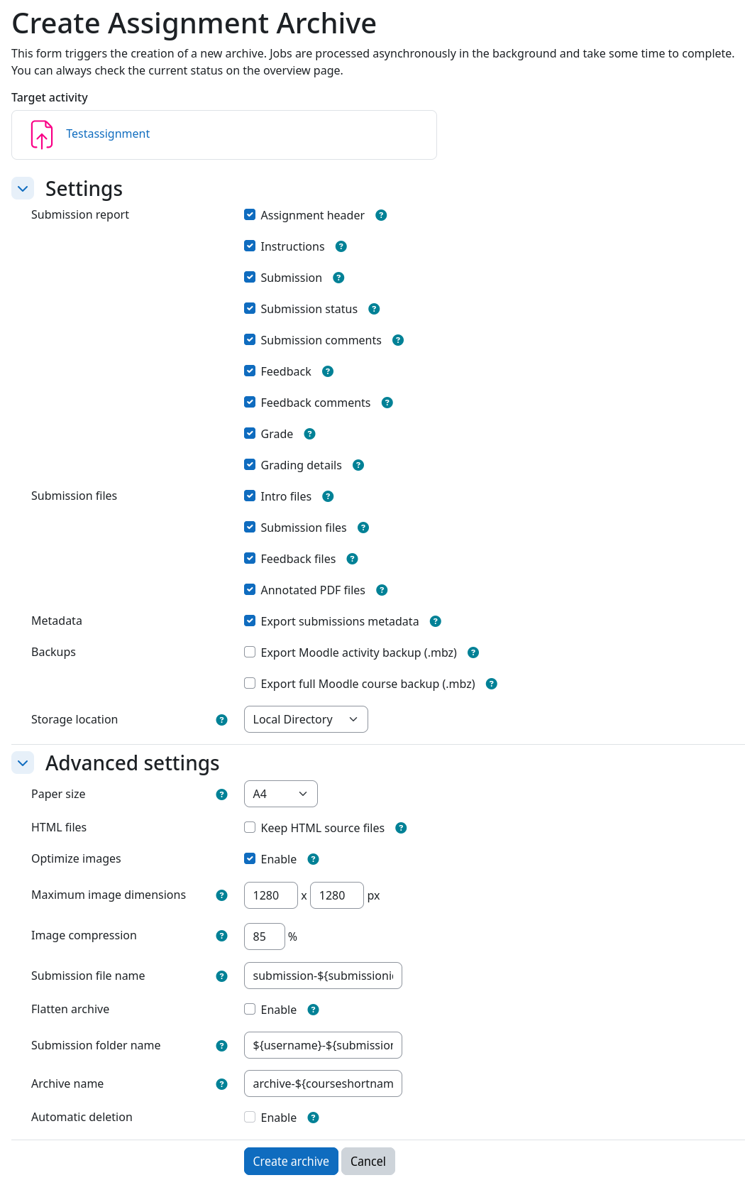 Screenshot: Assignment archive creation form