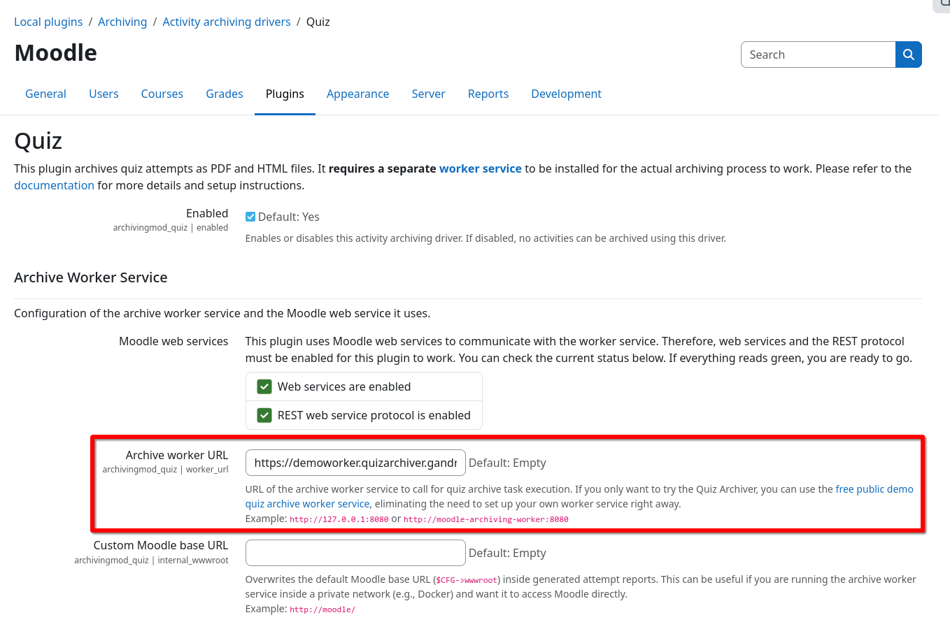 Screenshot: Configuration Archive Worker URL
