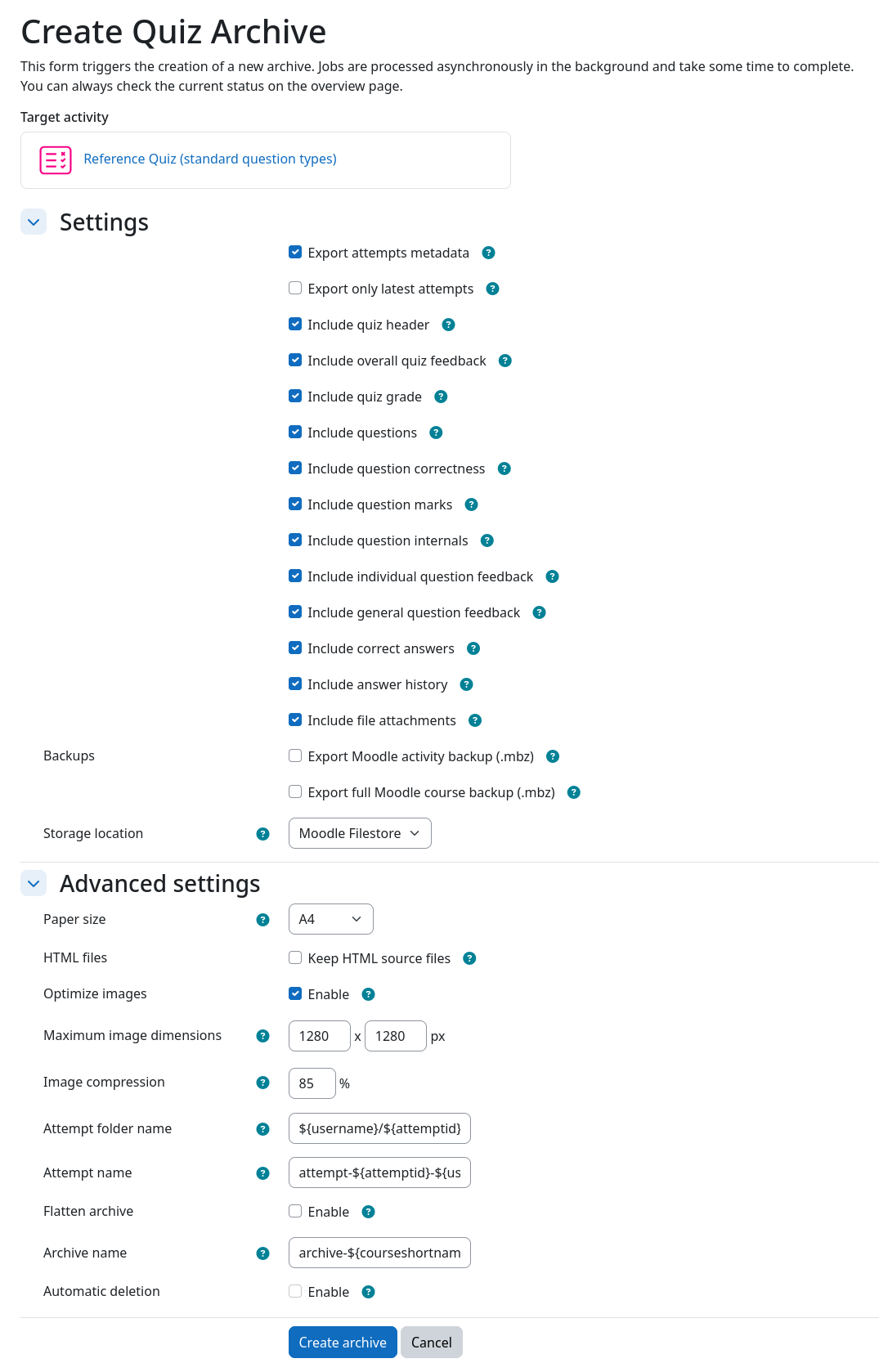 Screenshot: Quiz archive creation form