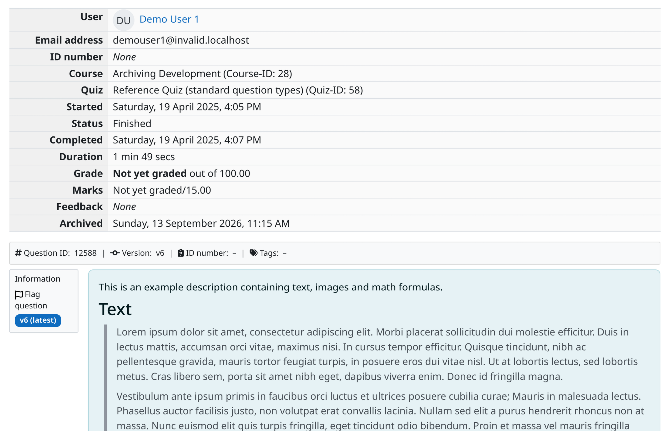 Screenshot: Quiz report header