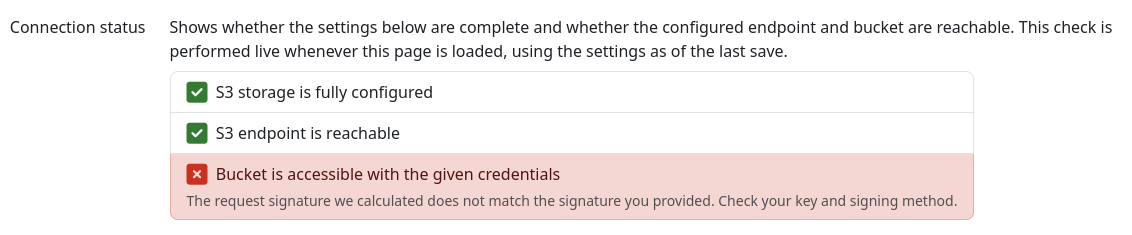Screenshot: Failed connection status check