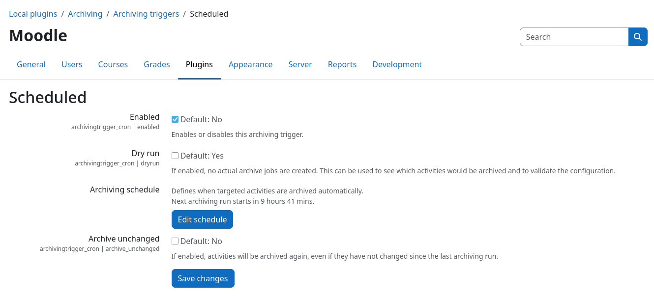 Plugin admin: scheduled archiving trigger settings