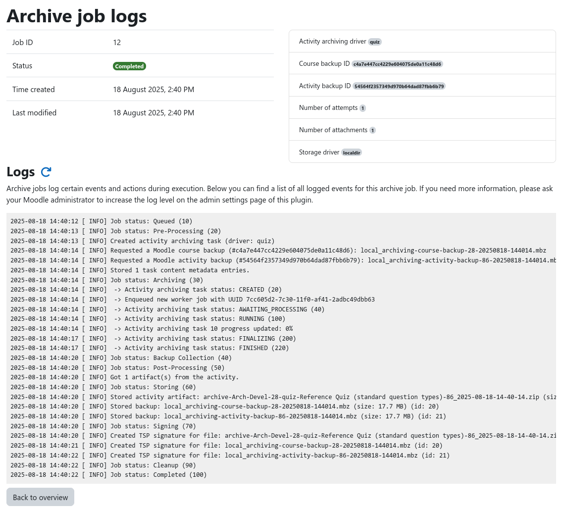 Screenshot of the archive job log inspection page