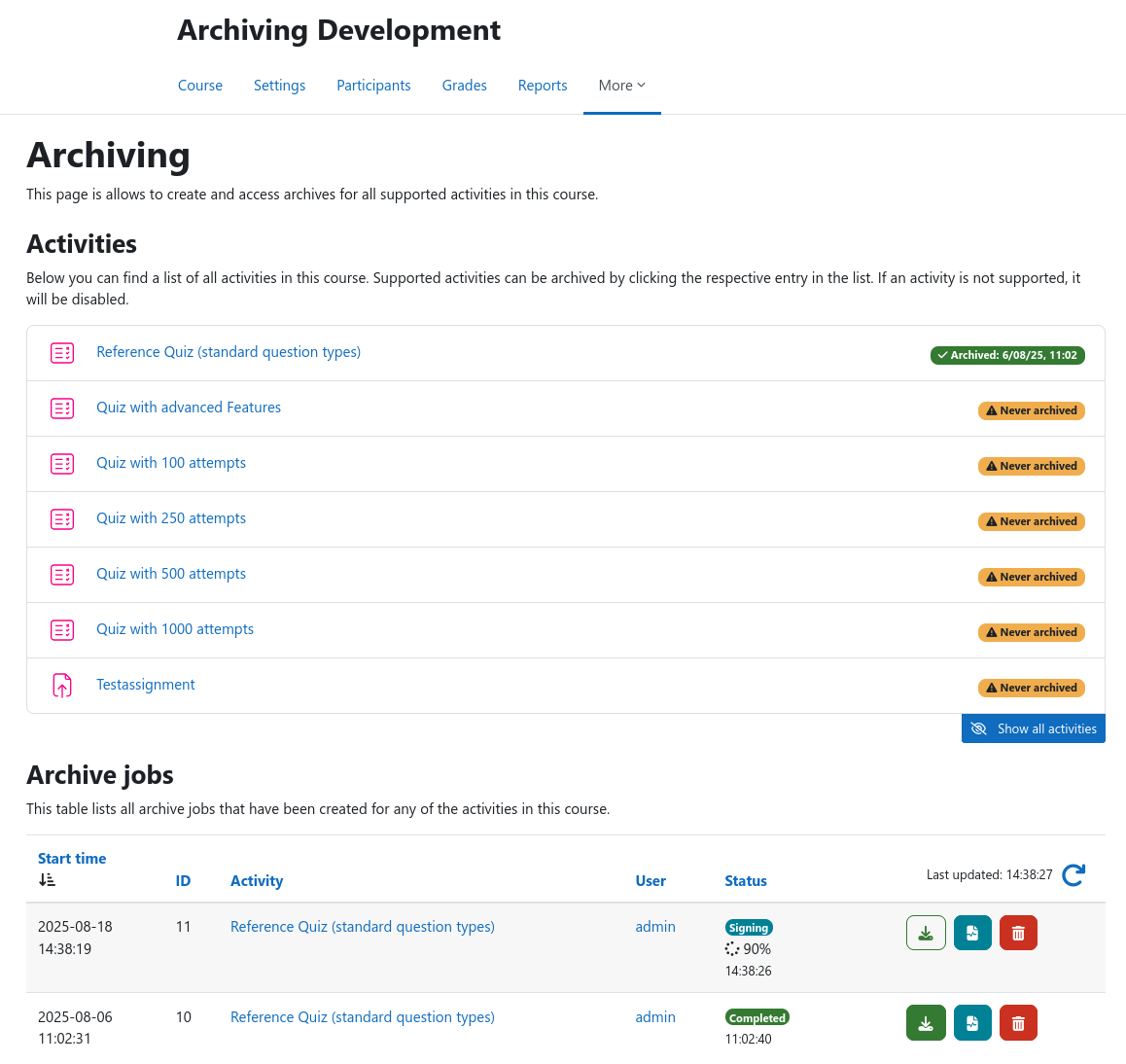 Screenshot of the archiving overview within a Moodle course