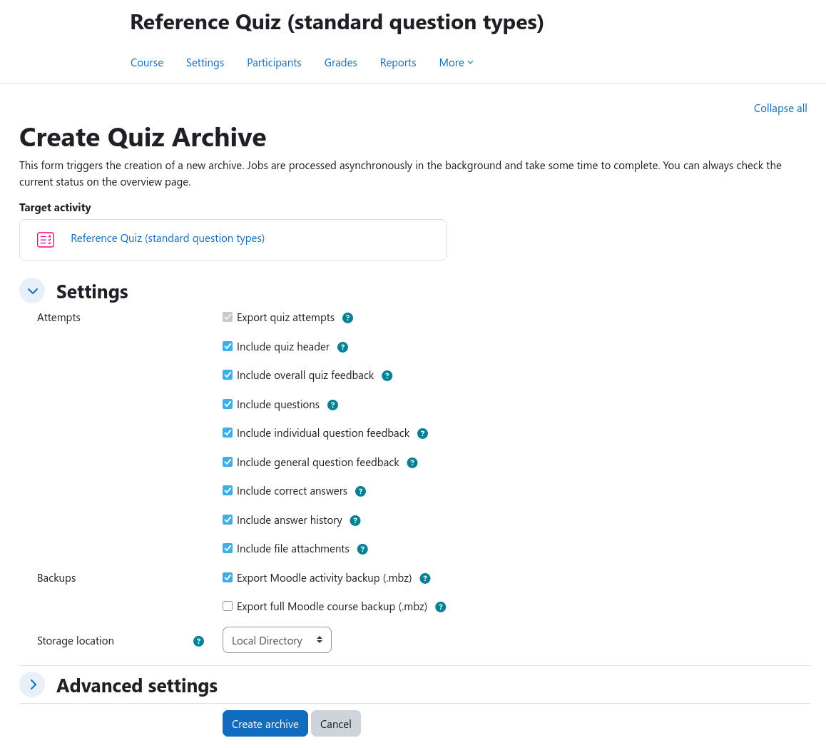 Screenshot of the quiz archive creation form
